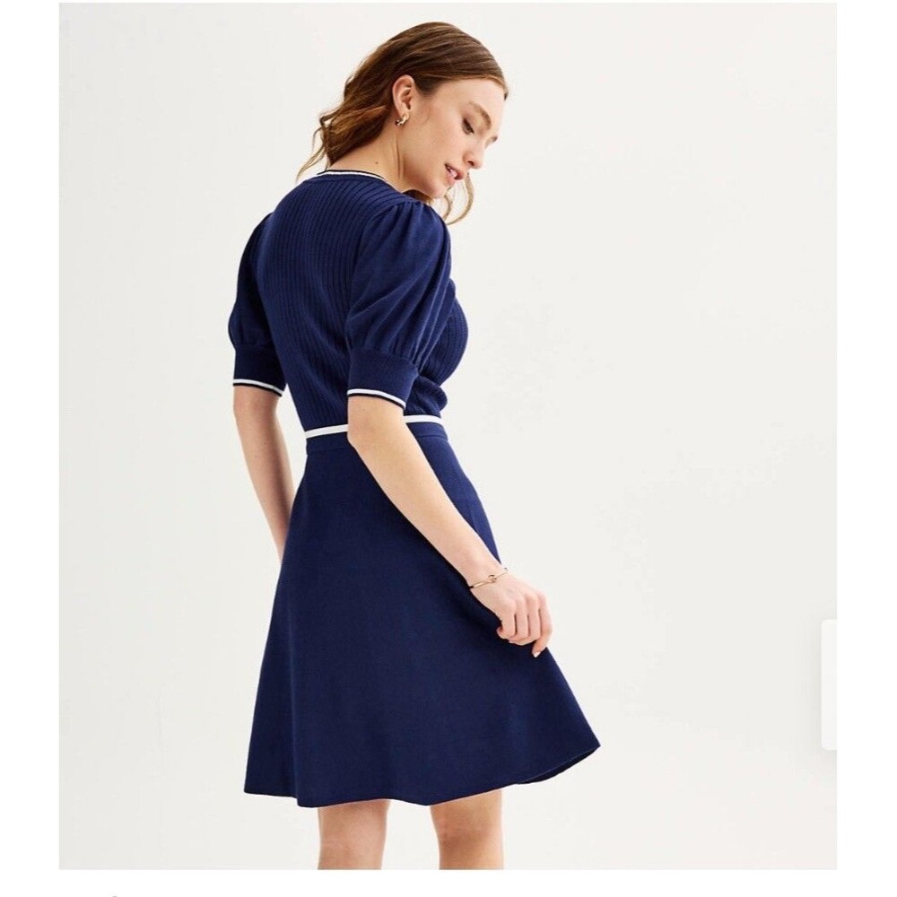 Women's Draper James Belted Elbow Sleeve Sweater Dress 2XL Blue /White Midi New - Picture 4 of 14